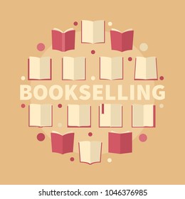 Bookselling circular flat vector illustration - creative sign made with book icons and word BOOKSELLING