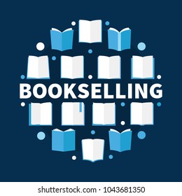 Bookselling round flat vector illustration - creative sign made with book icons and word BOOKSELLING
