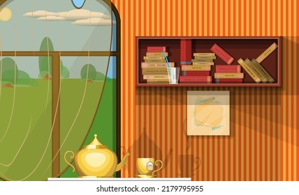 Una estantería con fondo de papel pintado a rayas, una mesa con tetera y una taza, una ventana que da a un hermoso paisaje. Fragmento del interior. Ilustración del vector