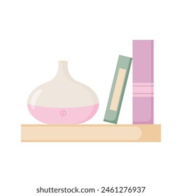 Bookshelf with air humidifier and two books. Flat vector illustration on white background