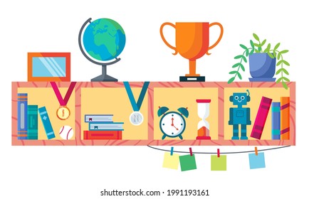 Bookshelf in apprentice boys room. Detail of the bedroom interior. Flat cartoon illustration isolated on white background