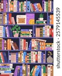Bookshelf background. Book shelf, education card with literature for reading, studying. Stacked fiction novels, encyclopedia spines, bookcase store. Library backdrop, poster. Flat vector illustration