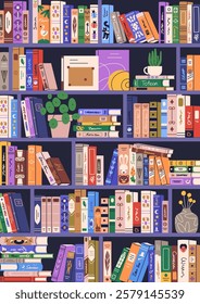 Bookshelf background. Book shelf, education card with literature for reading, studying. Stacked fiction novels, encyclopedia spines, bookcase store. Library backdrop, poster. Flat vector illustration