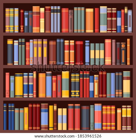 Bookshelf background, bookcase with books, library book stand, vector. University or school librarian room, wooden bookcase cabinet with shelves, bookstore or literature bookshop library