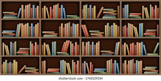 Bookshelf background, books on shelf in library, home, school or office interior. Volumes with color paperback stand in row and lying in pile on rack standing on floor, realistic 3d vector