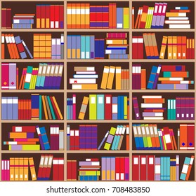 Bookshelf background. Shelves full of colorful books. Home library with books. Vector close up illustration. Cartoon Design Style.