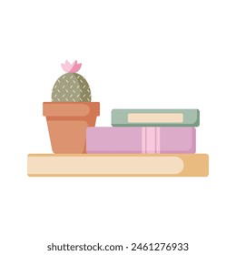 Bookshelf with blooming cactus in pot and two books. Flat vector illustration on white background