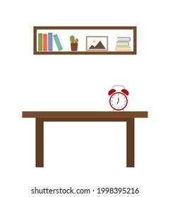 bookshelf with book and table with alarm clock cartoon icon isolated on white background