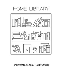 Bookshelf with books, alarm clock and cup with pencils. Vector thin line illustration.