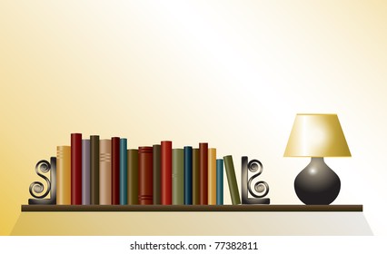 A Bookshelf Of Books Between Bookends With Table Lamp. Space For Your Text. EPS10 Vector Format.