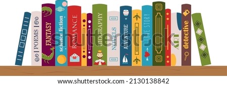 Bookshelf with books. Biography, adventure, novel, poem, fantasy, love story, detective, art, romance.  Banner for library, book store. Genre of literature. Vector illustration in flat style. 