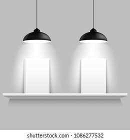Bookshelf and books blank covers with ceiling lamps