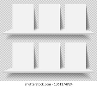 Bookshelf and books with blank covers on transparent background.