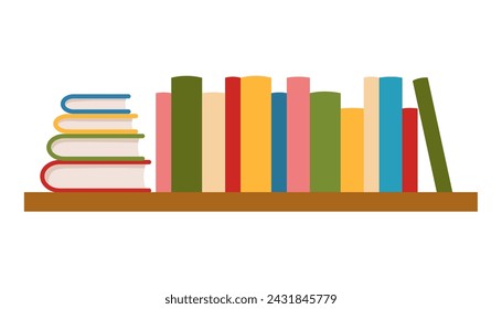 Bookshelf with books and book pile isolated vector cartoon flat illustration. Colorful books in various sizes set.