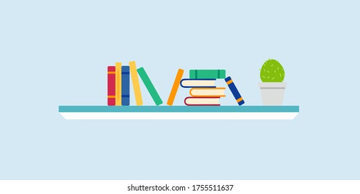 Bookshelf with books and cactus plants. Element of home interior design. Modern interior. Shelves full of boks. Vector illustration isolated on a light blue background.