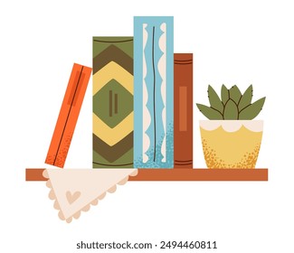 Bookshelf with books and cactus. Vector flat illustration isolated on white background.