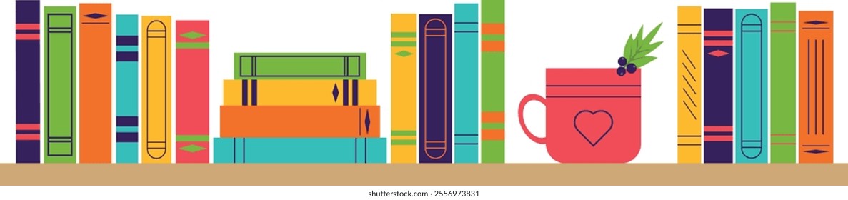 Bookshelf with books and cup. Vector design element.	