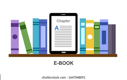 Bookshelf with books and Ebook reader. Online digital library and Ebook concept vector illustration on white background. Creative flat design template for web banner, landing page.