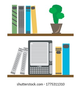 Bookshelf with books and e-books. Online digital library and ebook concept vector illustration isolated on white background. Creative flat design. Ideas for self-isolation. Self-education.