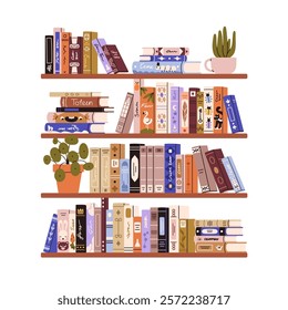 Bookshelf with books, fiction, encyclopedias, school literature, plants. Home library in stacks and rows for reading, education. Wall shelves. Flat vector illustration isolated on white background