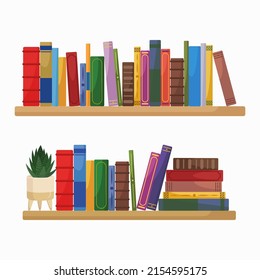 Bookshelf With Books In A Flat Style Isolated On A White Background. A Potted Plant On A Shelf With Books. Great For A Postcard, Library, Bookstore Or Website