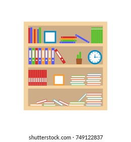 Bookshelf with books and folder. Home library. Wooden shelf isolated on white background. Vector illustration.