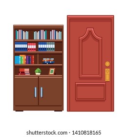 bookshelf with books, folders, decorative plant and photo frame next to the door vector illustration graphic design