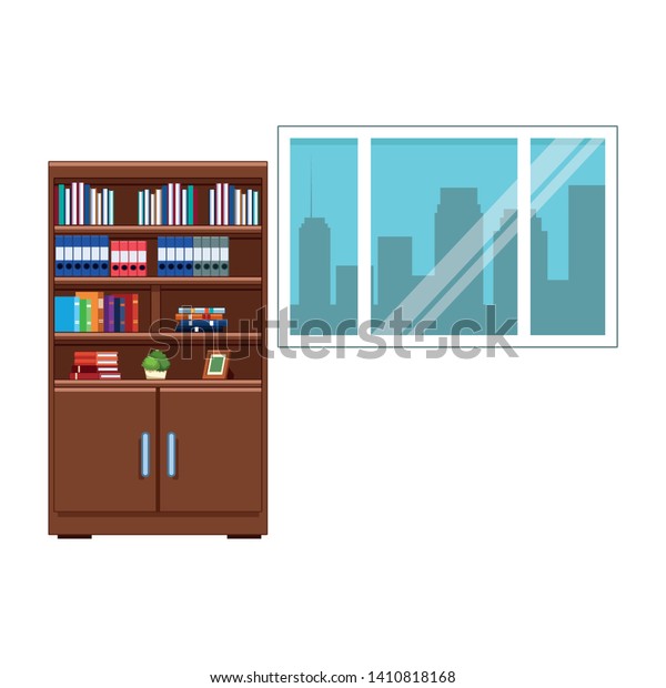 Bookshelf Books Folders Decorative Plant Photo Stock Vector