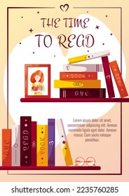 Bookshelf with books, glasses and photo frame with girl. Book lover, Reading, Book store, Library, Education concept. A4 vector illustration for flyer, poster, banner. 