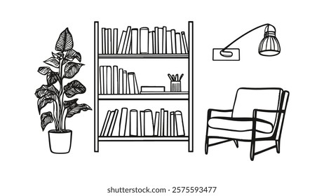 Bookshelf books home decor. Armchair reading chair interior design. Houseplant plant pot. Wall lamp lighting fixture. Cozy room sketch illustration. Line art home office. Simple minimalist style.