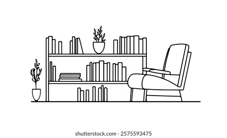 Bookshelf books home decor. Modern armchair living room furniture. Plants pot home interior design. Cozy reading nook simple line art minimalist illustration. Home office workspace.