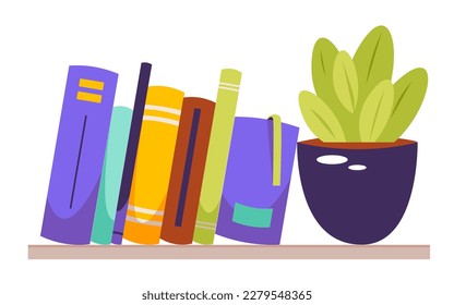 Bookshelf with books and indoor flower. Color flat vector illustration isolated on a white background