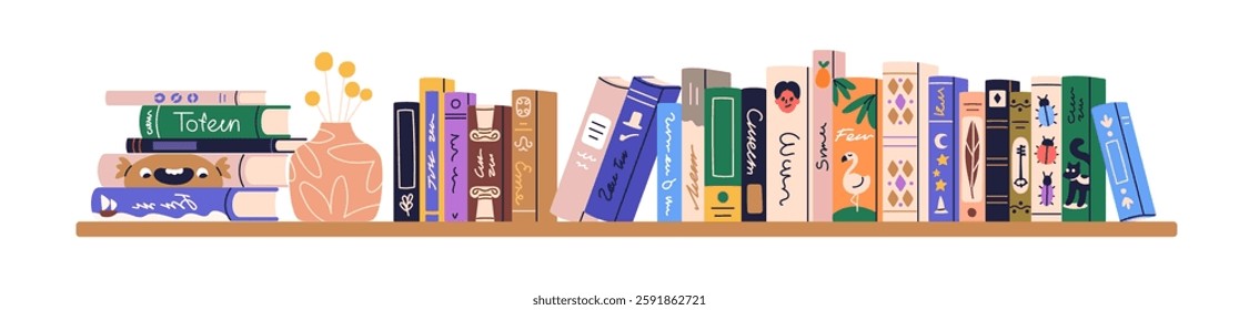 Bookshelf with books. Kids library on shelf. Fiction, education literature standing upright, laying in stack, flowers in vase. Many spines in row. Flat vector illustration isolated on white background