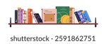 Bookshelf with books on art and history. Non-fiction literature, encyclopedias, university textbooks displayed. Academic library for education. Flat vector illustration isolated on white background