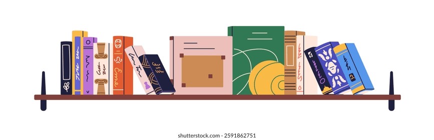 Bookshelf with books on art and history. Non-fiction literature, encyclopedias, university textbooks displayed. Academic library for education. Flat vector illustration isolated on white background