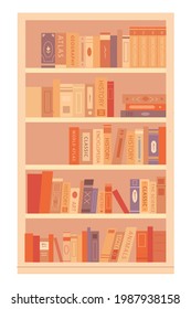 Bookshelf with books on shelves. Interior design background element vector illustration. Modern trendy stand with books on art, history, geography, science. School and university education.