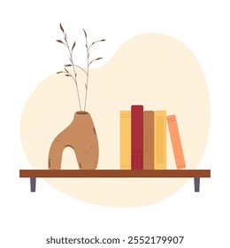 Bookshelf with books and plant in ceramic vase