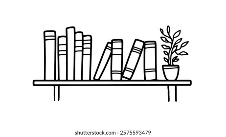 Bookshelf books plant home decor. Simple line art design. Minimalist shelf interior illustration. Reading room library aesthetic. Cozy home office study space. Black and white graphic.