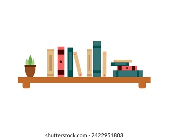 Bookshelf with books and plant. vector