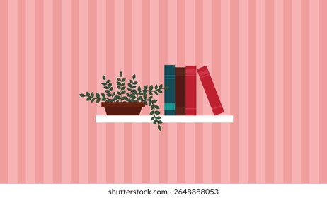 Bookshelf with books and plant. Vector illustration in flat style