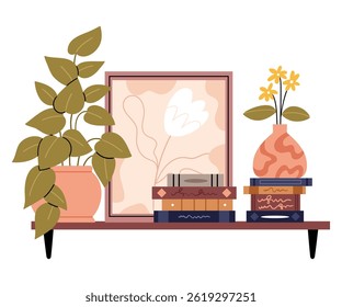 Estante com livros, plantas e pinturas abstratas.Livro espinhos, cobre de pé em linha. Literatura de ficção em casa biblioteca com planta em vaso.