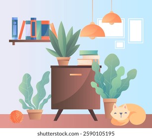 Bookshelf with books, plants, cabinet, and sleeping cat in flat style on light blue background. Concept of home comfort. Vector illustration