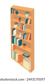 Bookshelf with books and plants vector flat illustration