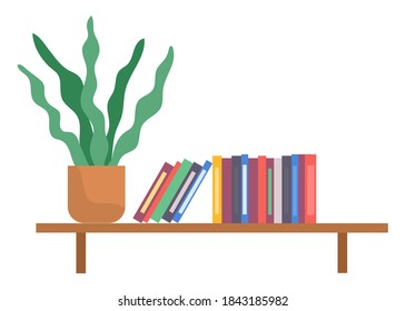 Bookshelf with books and potted plant in room interior. Home library with literature, vector illustration. Furniture and equipment for workplace. Wall shelf with colored folders on white background