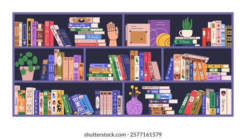 Bookshelf with books for reading, education, knowledge. Home library on shelf. Study and fiction literature, encyclopedias standing and stacked. Flat vector illustration isolated on white background