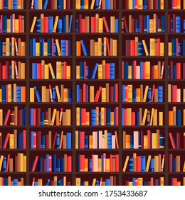 Bookshelf and books seamless pattern. Vector library or bookshop flat background. Bookcase shelves with education literature collection. Bookstore design elements.