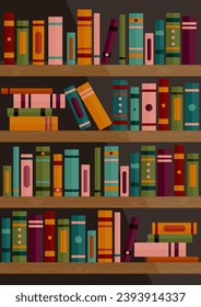 Bookshelf with books. Set of different book spines on wooden shelves. Book banner. Vector illustration of library book shelf background