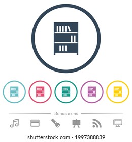 Bookshelf with books solid flat color icons in round outlines. 6 bonus icons included.