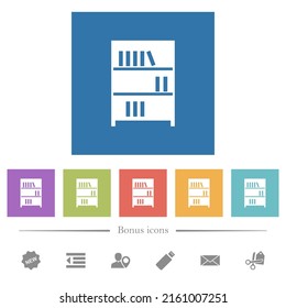 Bookshelf with books solid flat white icons in square backgrounds. 6 bonus icons included.