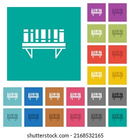 Bookshelf with books solid multi colored flat icons on plain square backgrounds. Included white and darker icon variations for hover or active effects.